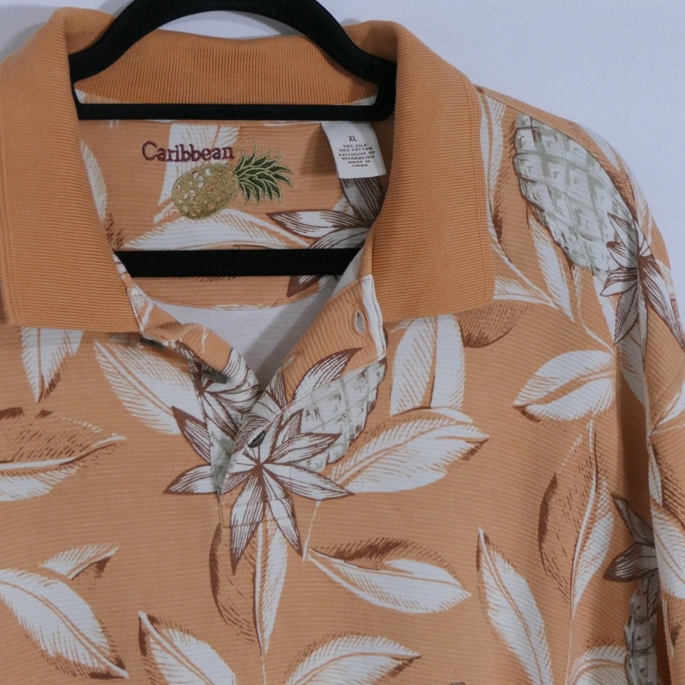 Roundtree & Yorke Men Polo Shirt XL Orange 70% Silk Pineapple Caribbean Tropical
